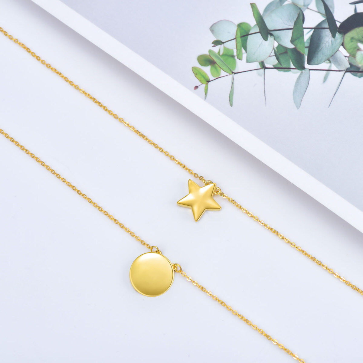 Sterling Silver with Yellow Gold Plated Star Disc Layered Necklace-3