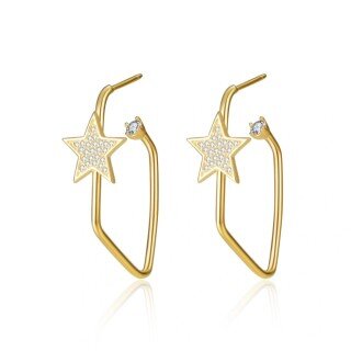 Sterling Silver with Yellow Gold Plated Cubic Zirconia Star Hoop Earrings-4