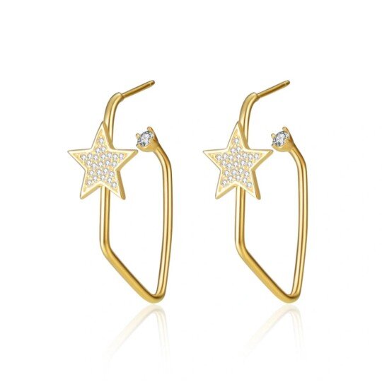 Sterling Silver with Yellow Gold Plated Cubic Zirconia Star Hoop Earrings