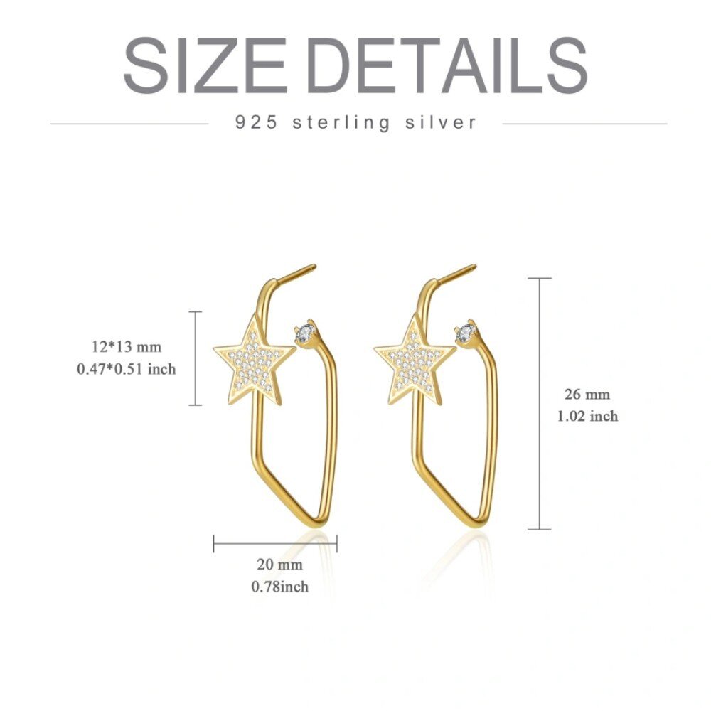 Sterling Silver with Yellow Gold Plated Cubic Zirconia Star Hoop Earrings-4