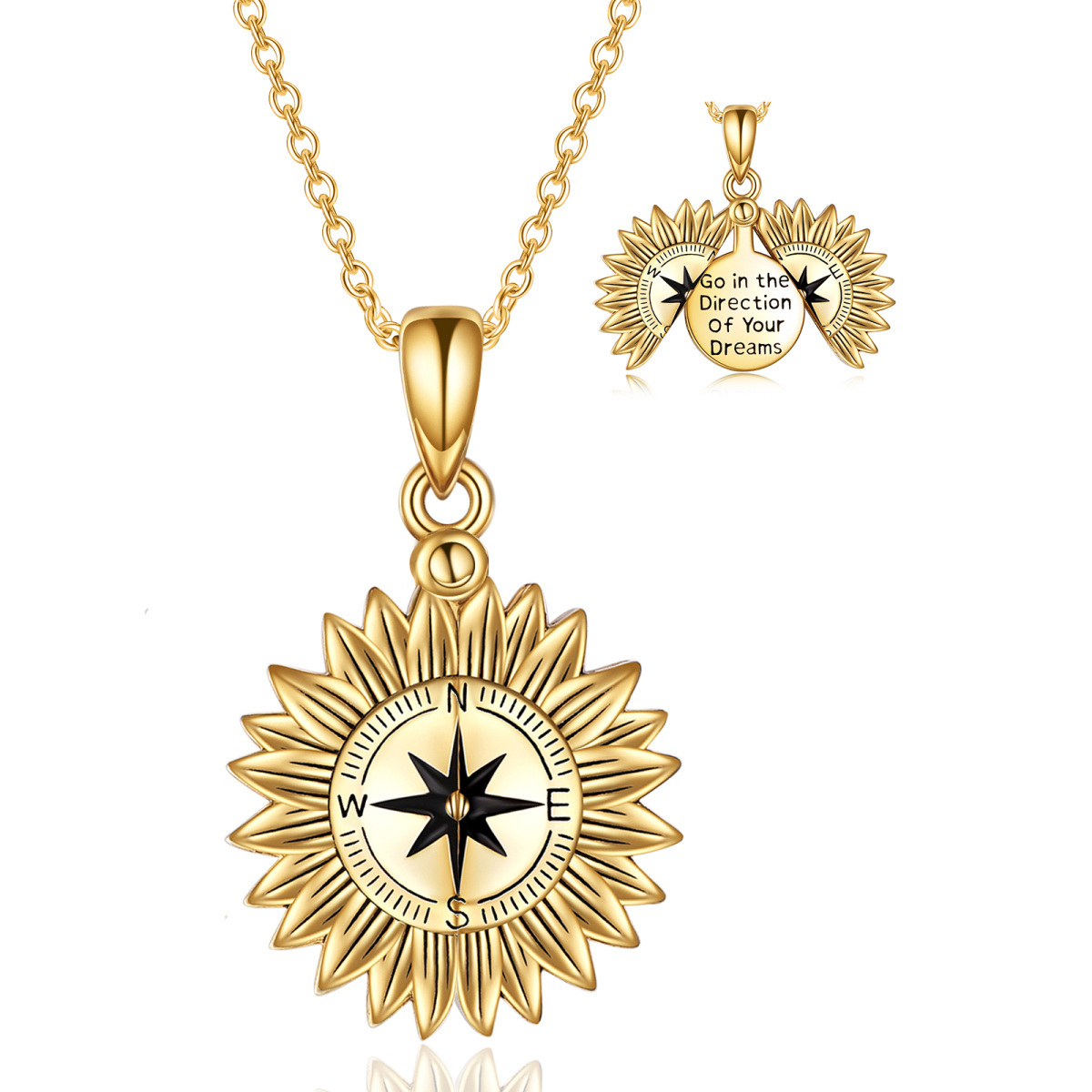 Sterling Silver with Yellow Gold Plated Sunflower & Compass Pendant Necklace with Engraved Word-1