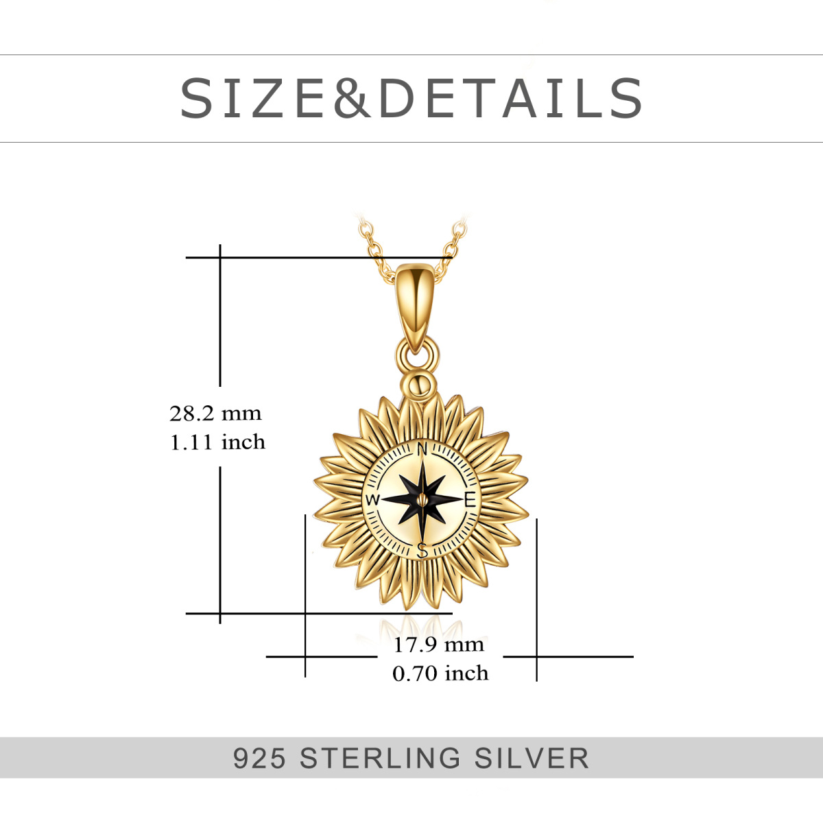 Sterling Silver with Yellow Gold Plated Sunflower & Compass Pendant Necklace with Engraved Word-5