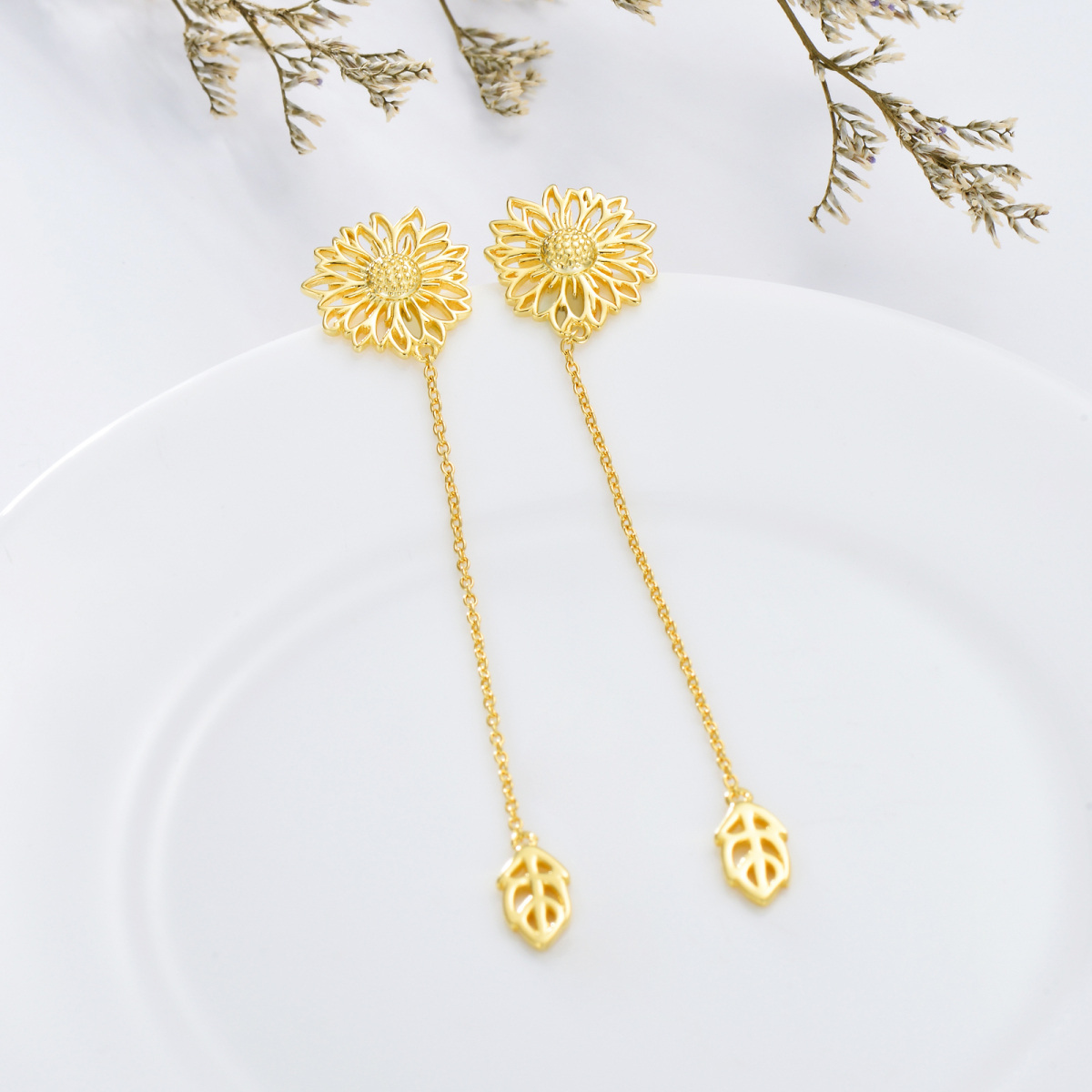 Sterling Silver with Yellow Gold Plated Sunflower Drop Earrings-3