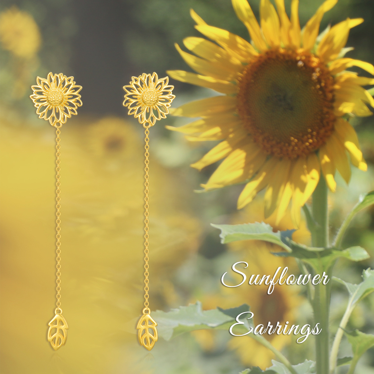 Sterling Silver with Yellow Gold Plated Sunflower Drop Earrings-6