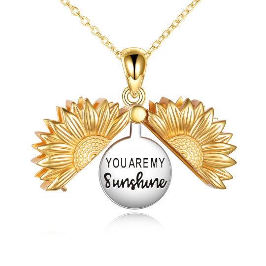 Collar con colgante de girasol en plata de ley bañado en oro amarillo con palabra grabada