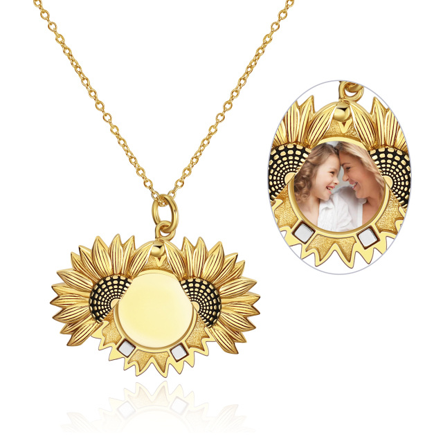 Sterling Silver with Yellow Gold Plated Sunflower & Personalized Photo Personalized Photo Locket Necklace with Engraved Word-1