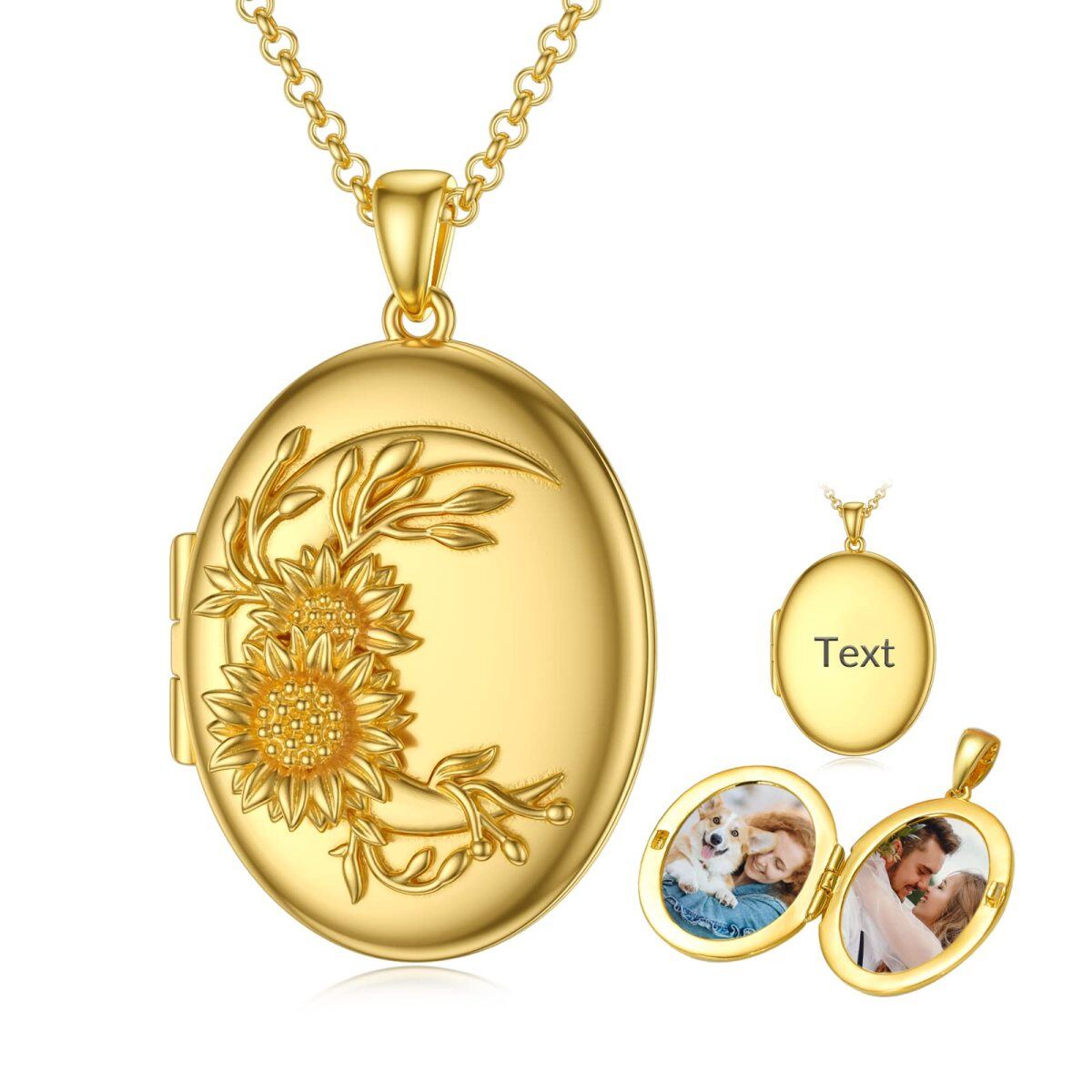 10K Gold Sunflower Round Personalized Engraving Photo Locket Necklace-1