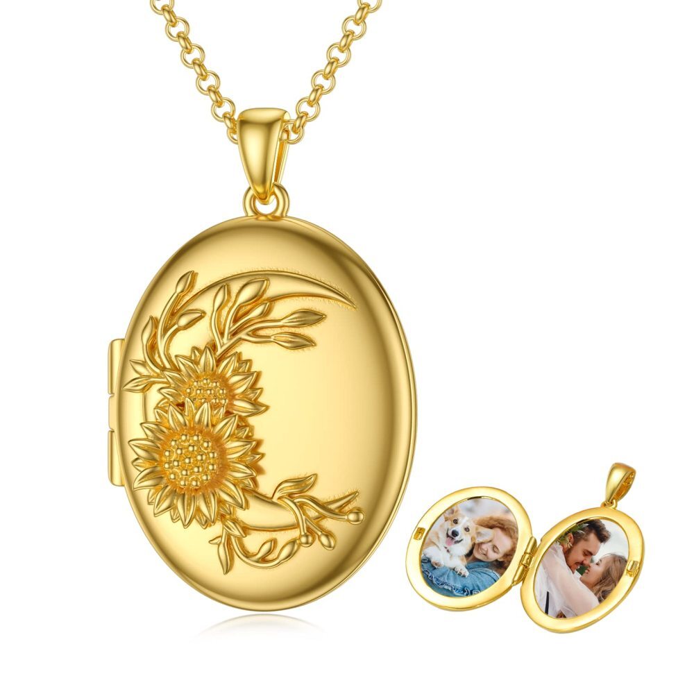Plata de ley con baño de oro amarillo Girasol Redondo Personalizado Grabado Foto Locket Collar-3