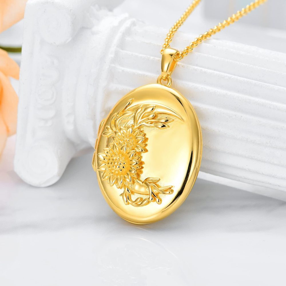 Plata de ley con baño de oro amarillo Girasol Redondo Personalizado Grabado Foto Locket Collar-5