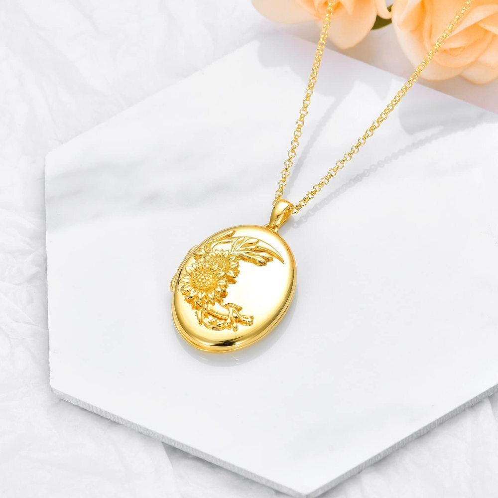 Plata de ley con baño de oro amarillo Girasol Redondo Personalizado Grabado Foto Locket Collar-6