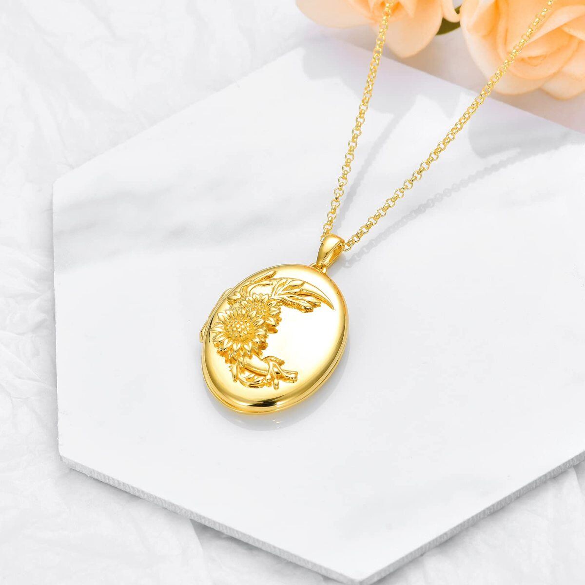 Sterling Silver with Yellow Gold Plated Sunflower Round Personalized Engraving Photo Locket Necklace-6