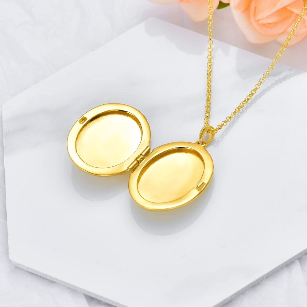 Plata de ley con baño de oro amarillo Girasol Redondo Personalizado Grabado Foto Locket Collar-7