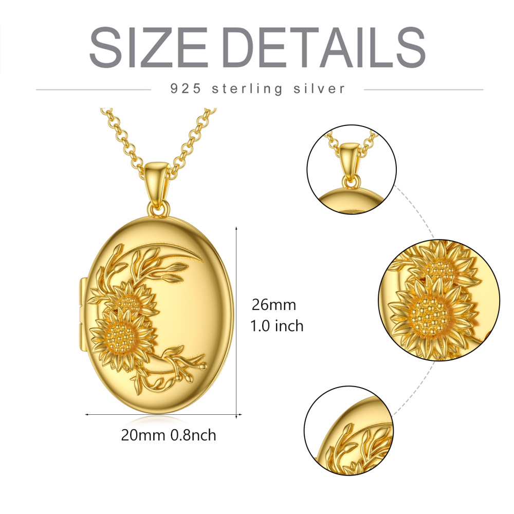 Plata de ley con baño de oro amarillo Girasol Redondo Personalizado Grabado Foto Locket Collar-8
