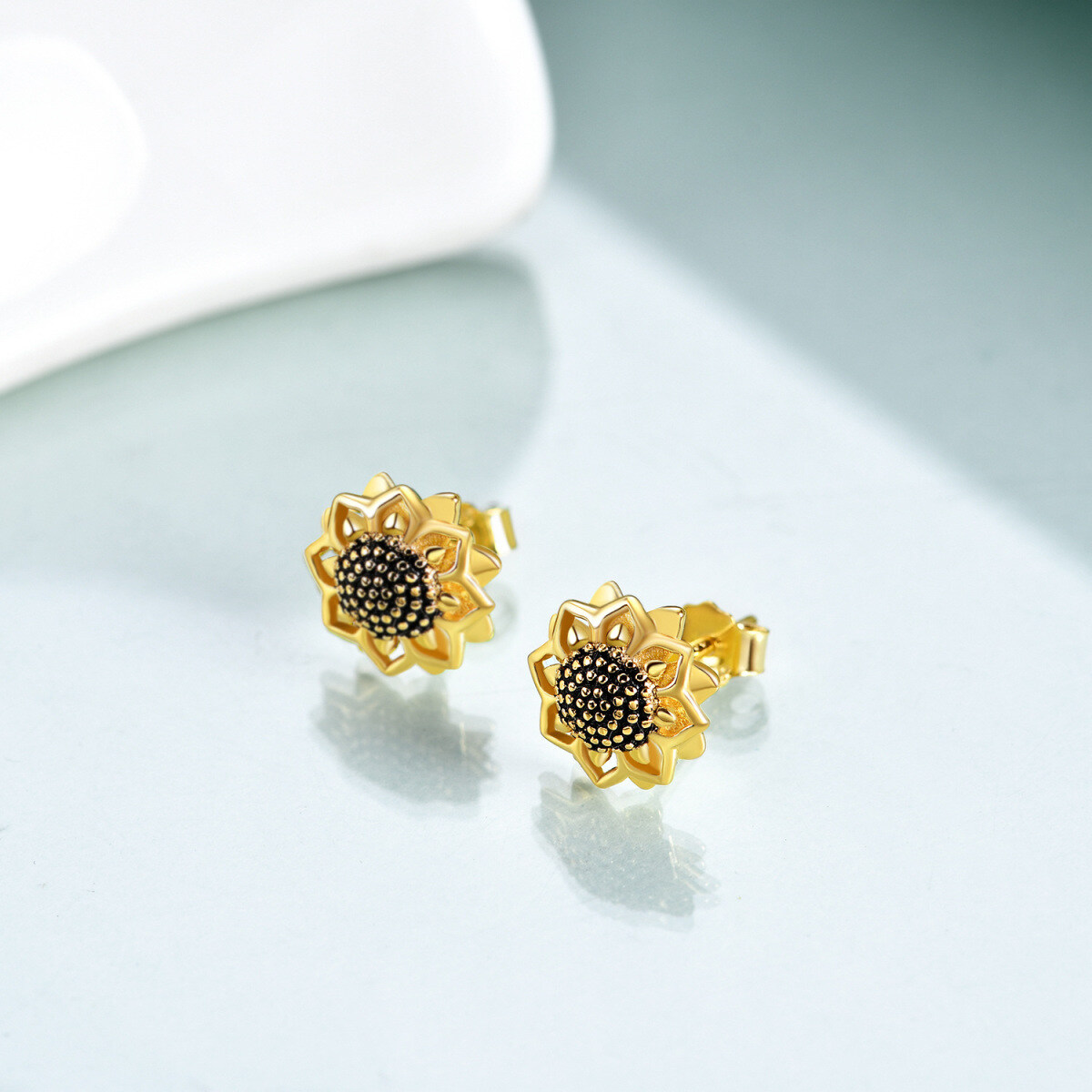 Sterling Silver with Yellow Gold Plated Sunflower Stud Earrings-3