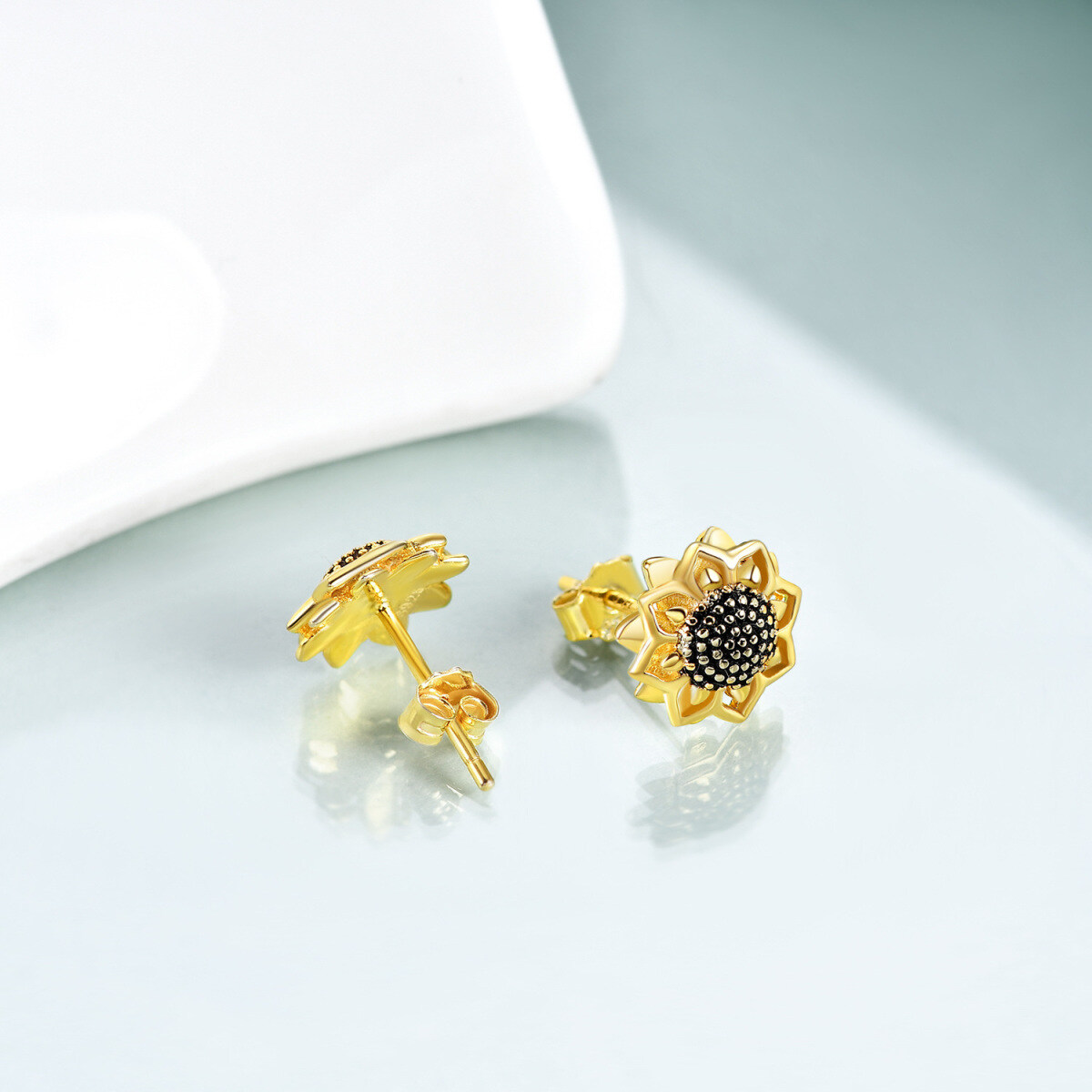 Sterling Silver with Yellow Gold Plated Sunflower Stud Earrings-4