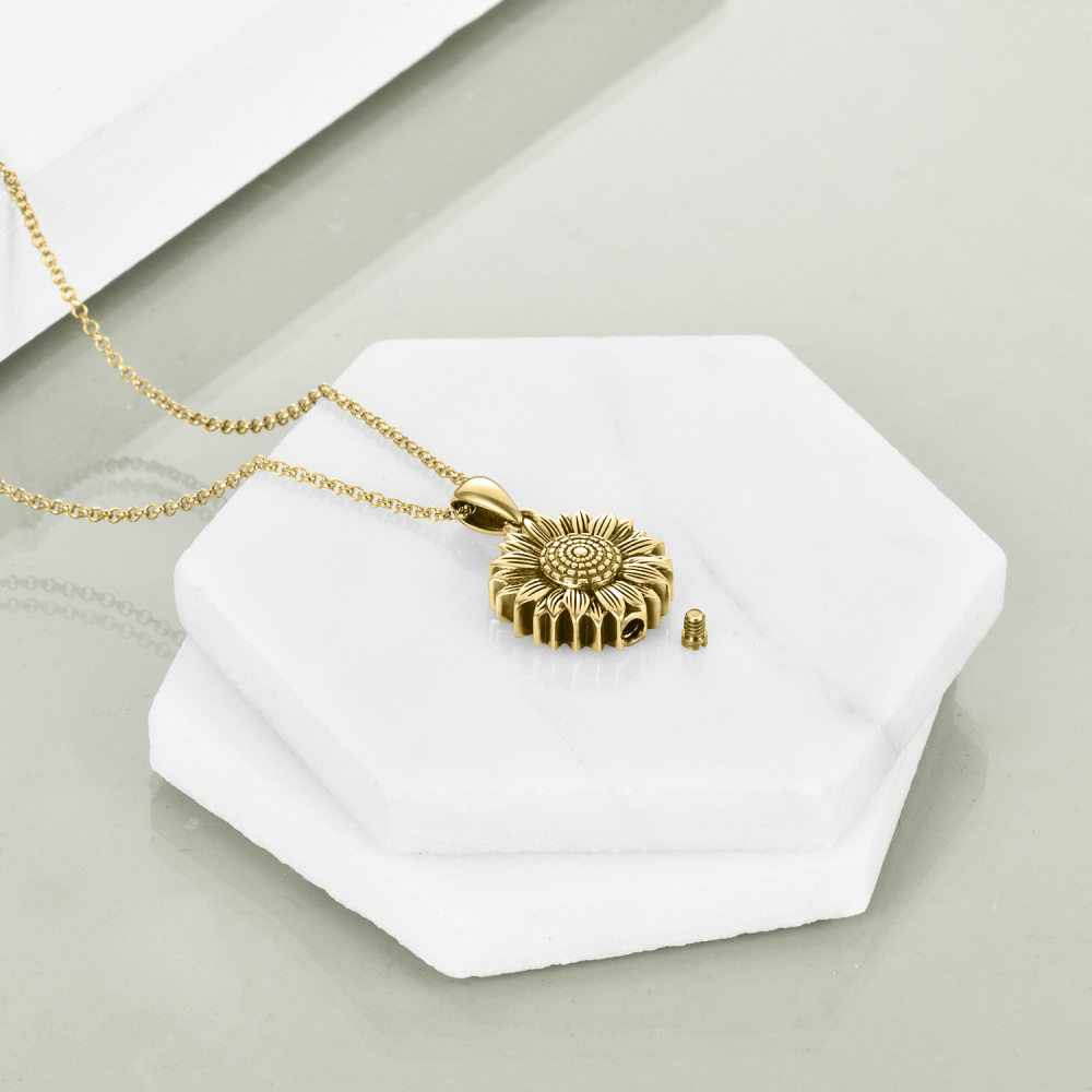 Sterling Silver with Yellow Gold Plated Sunflower Urn Necklace for Ashes-3