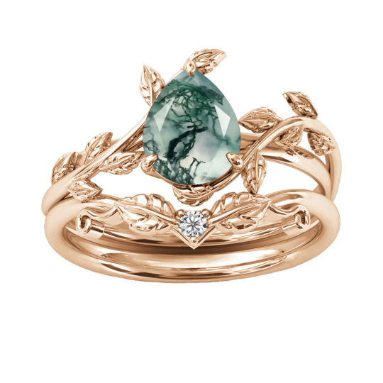 Bague de mariage en argent sterling avec goutte d'eau plaquée or jaune/agate mousse en forme de goutte de lierre