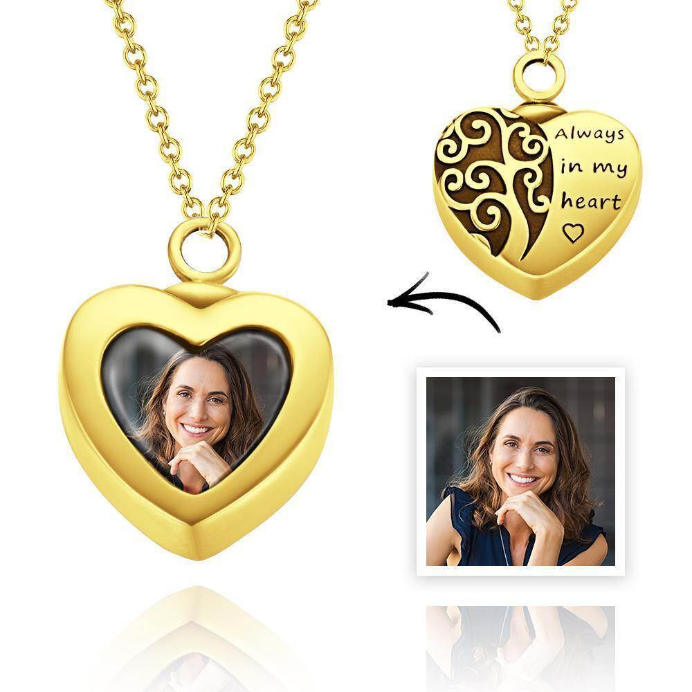 Plata de ley con chapado en oro amarillo Árbol de la Vida Corazón Personalizado Foto Cremación Urna collar para cenizas con la palabra grabada-1