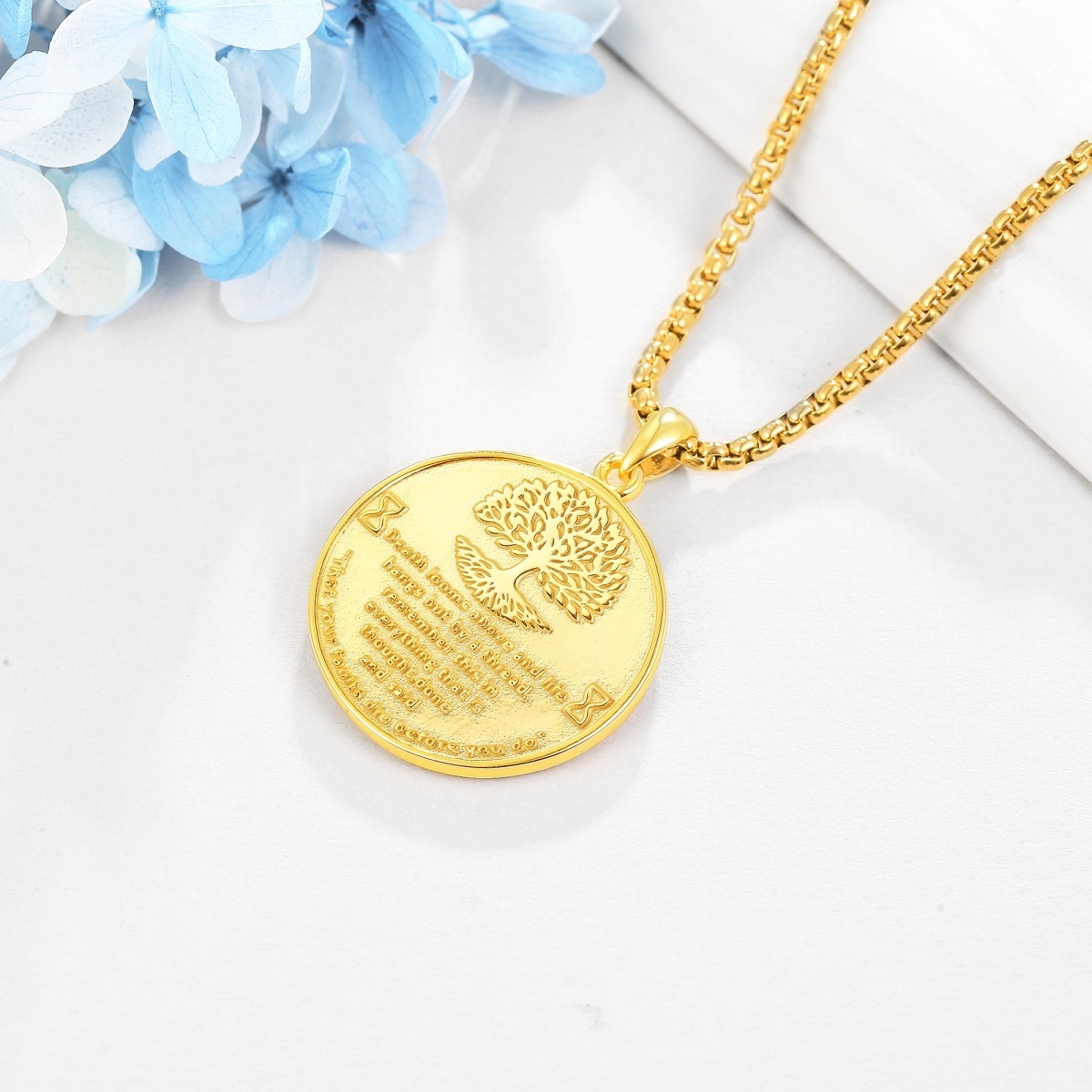 Collar con colgante de moneda de calavera de árbol de la vida chapado en oro amarillo de plata de ley para hombre-4