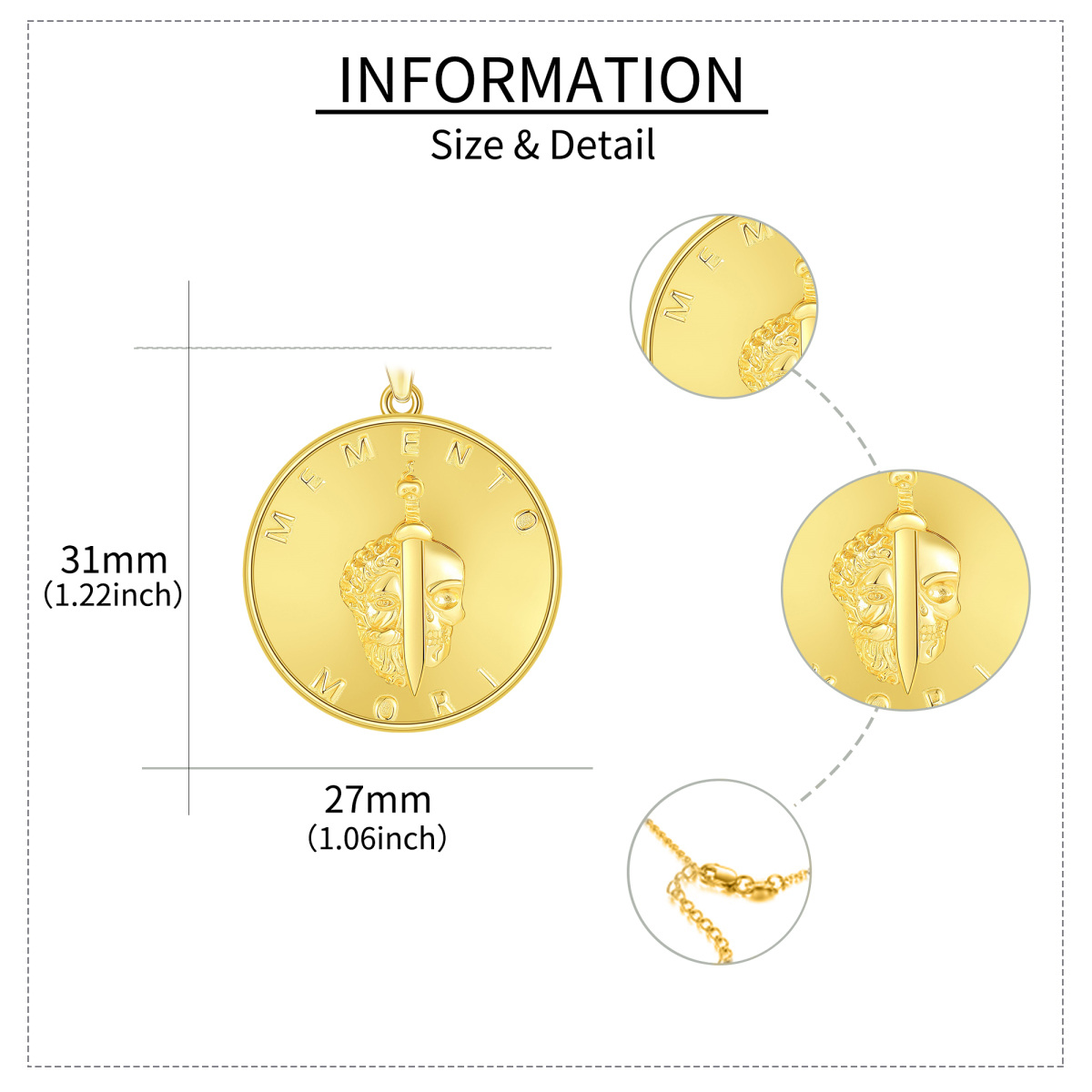 Halskette mit Münzanhänger „Lebensbaum“ aus Sterlingsilber mit Gelbgoldbeschichtung und Totenkopf für Herren-5