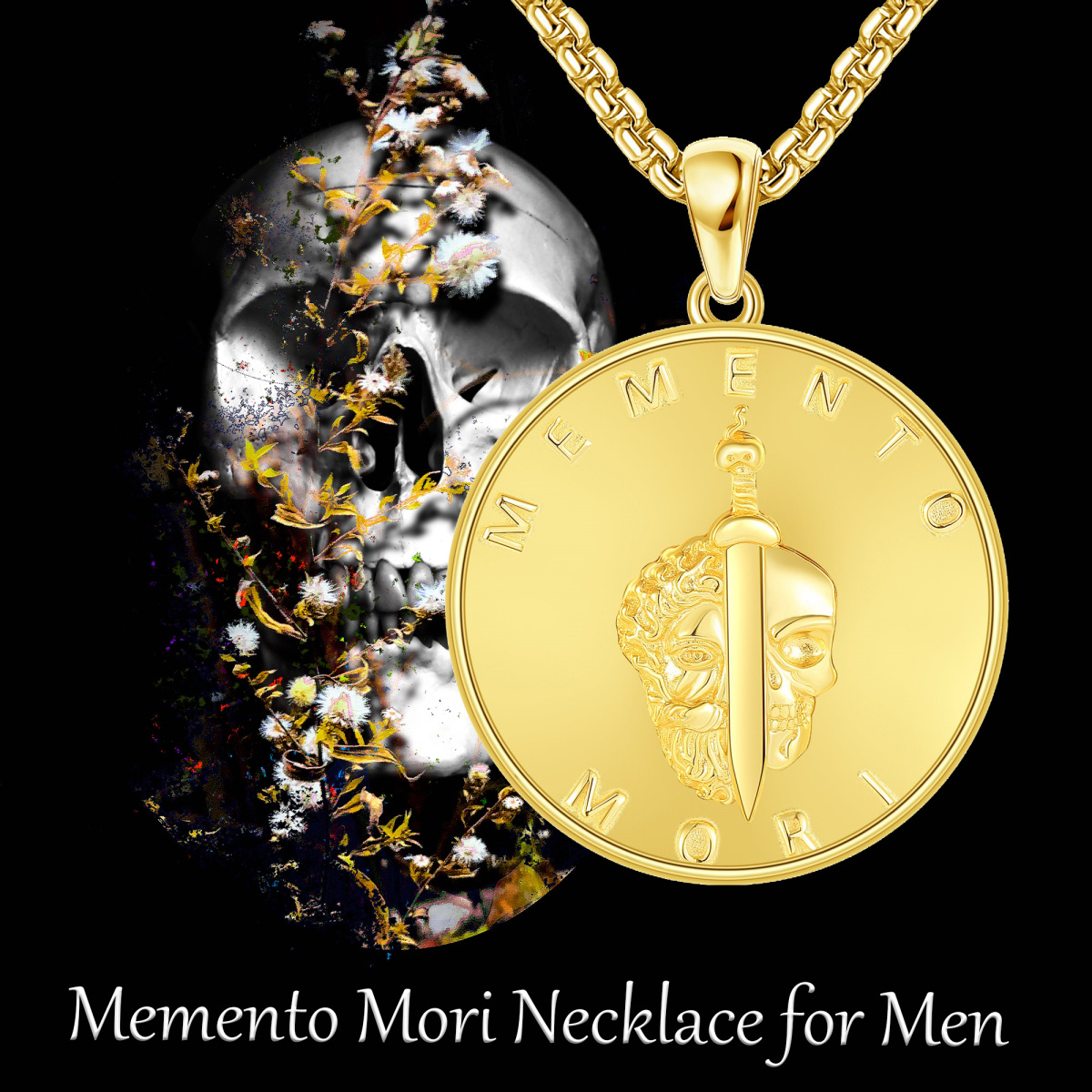 Collar con colgante de moneda de calavera de árbol de la vida chapado en oro amarillo de plata de ley para hombre-6