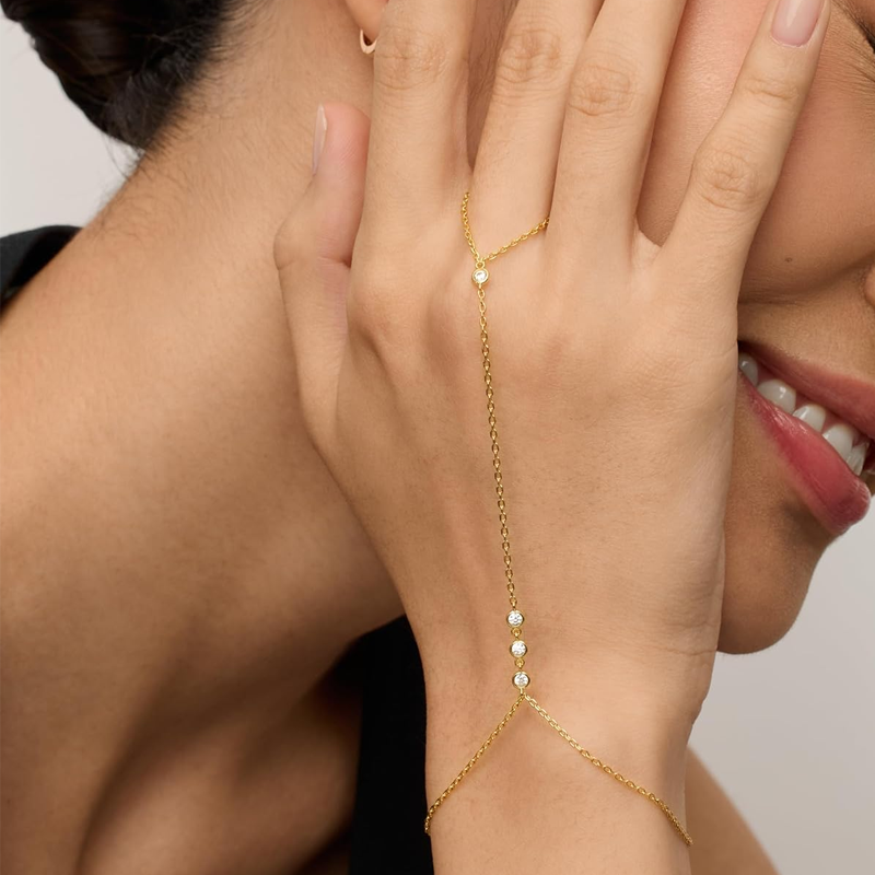Pulseira de prata de lei com zircónia cúbica banhada a ouro amarelo, anel moderno, corrente de mão, joalharia corporal-2
