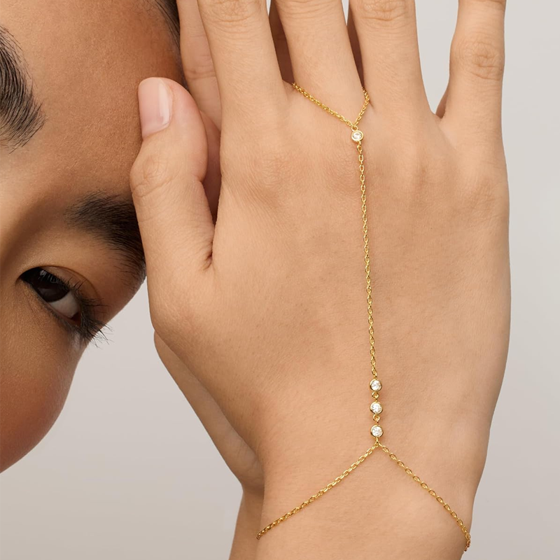 Pulseira de prata de lei com zircónia cúbica banhada a ouro amarelo, anel moderno, corrente de mão, joalharia corporal-3