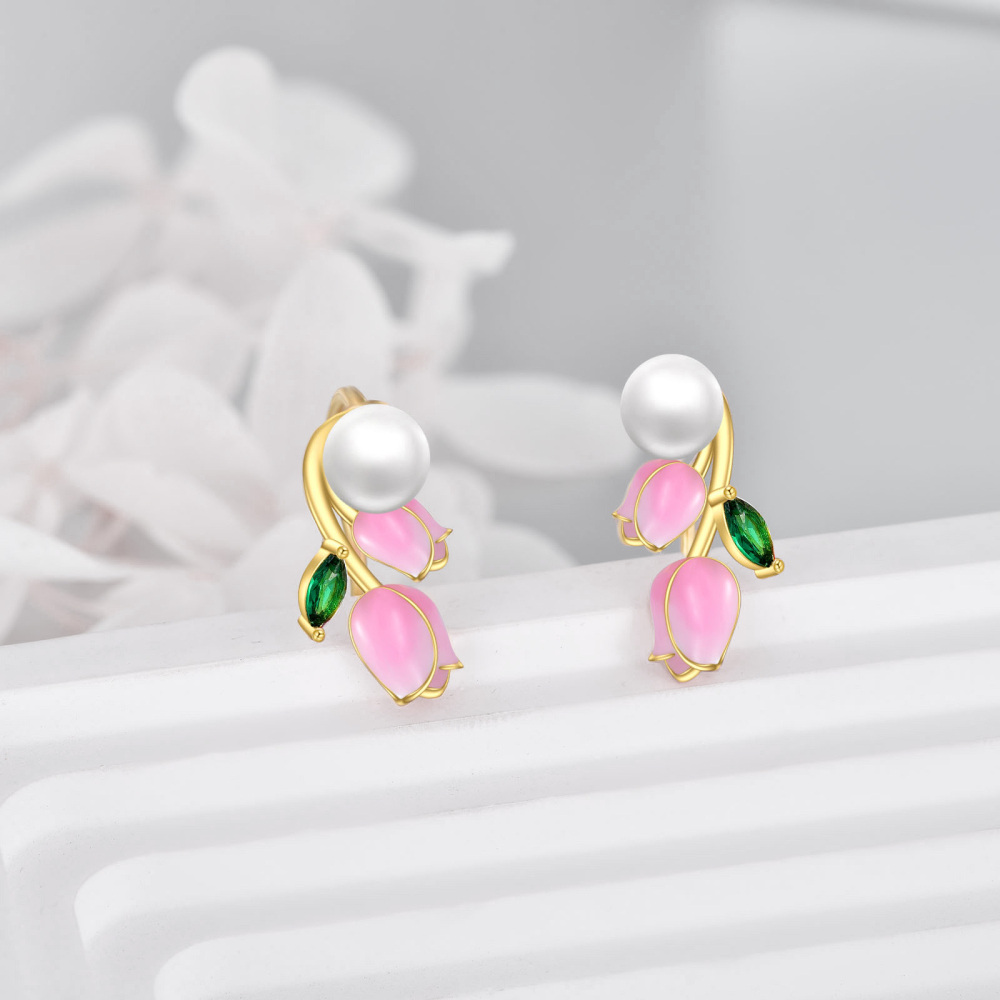 Sterling Silver with Yellow Gold Plated Tulip Stud Earrings-3