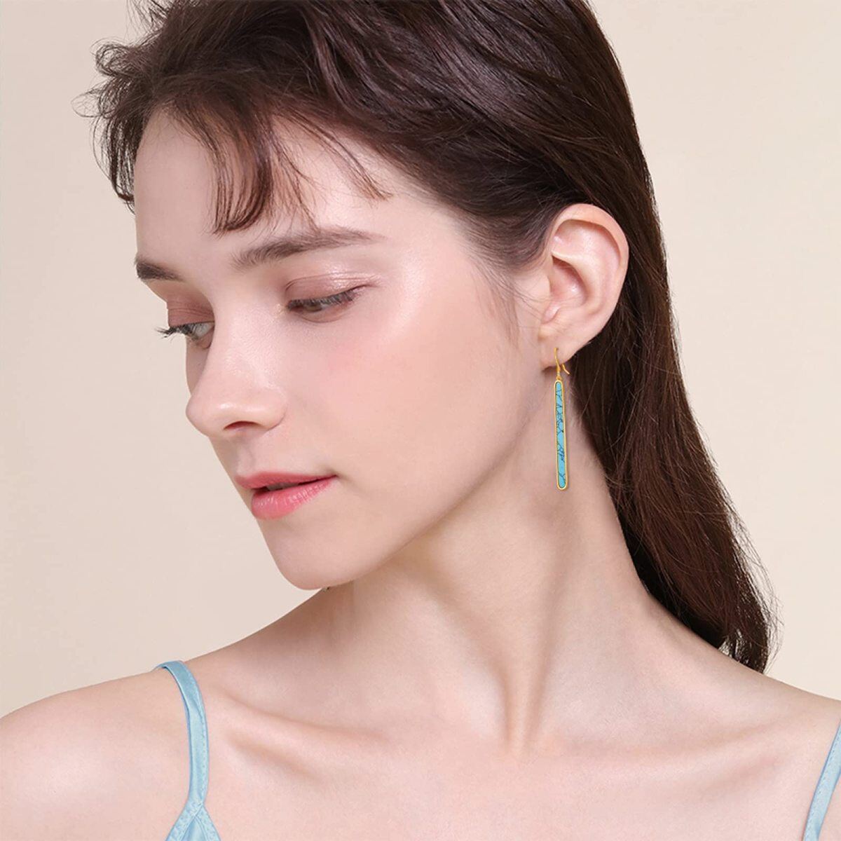 Sterling Silver with Yellow Gold Plated Turquoise Bar Drop Earrings-2