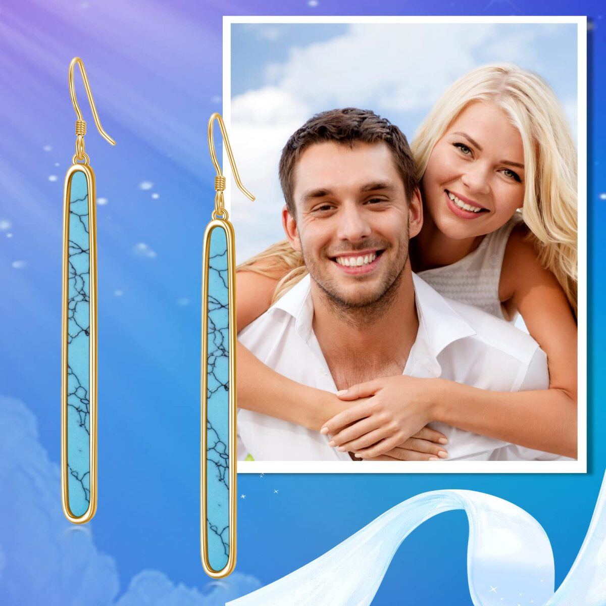 Sterling Silver with Yellow Gold Plated Turquoise Bar Drop Earrings-5