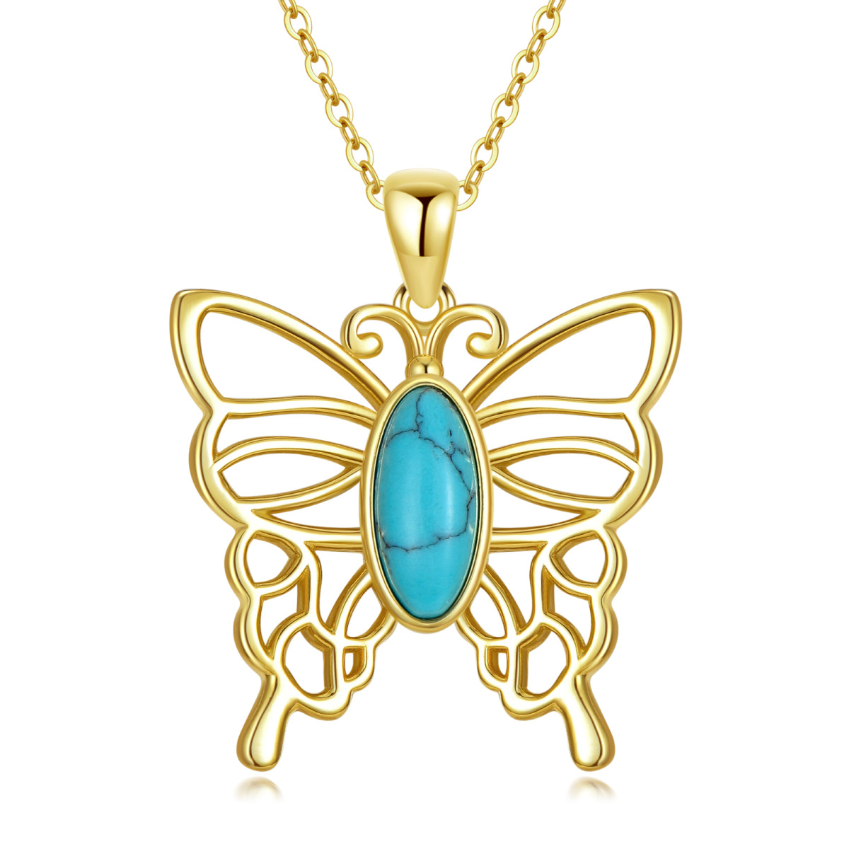 Sterling Silver with Yellow Gold Plated Turquoise Butterfly Pendant Necklace-1