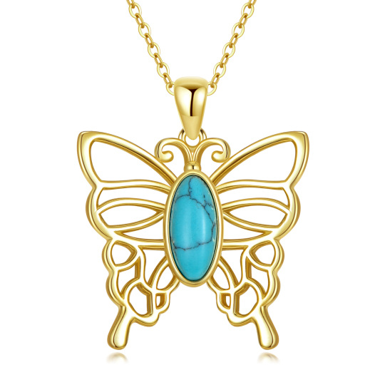 Collier pendentif papillon en argent sterling et turquoise plaqué or jaune