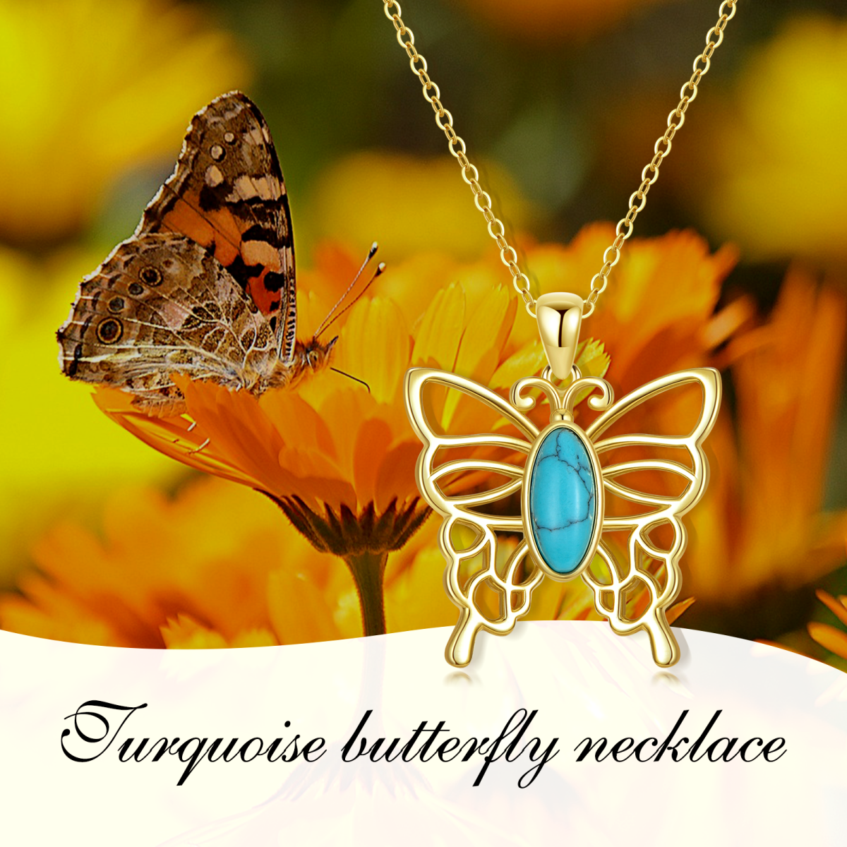 Sterling Silver with Yellow Gold Plated Turquoise Butterfly Pendant Necklace-6