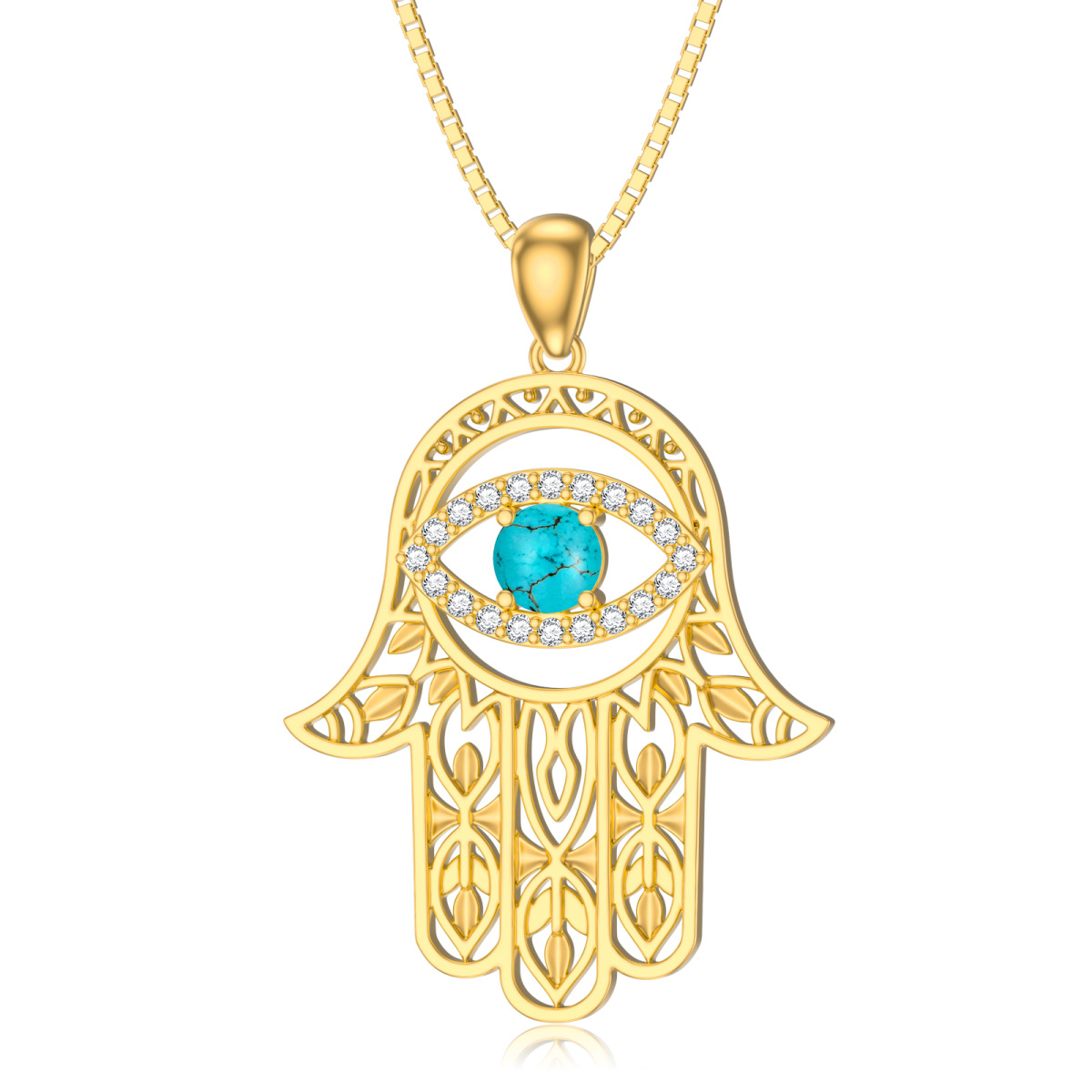 Collar Colgante de Plata de Ley con Oro Amarillo Turquesa Mal de Ojo y Mano Hamsa-1