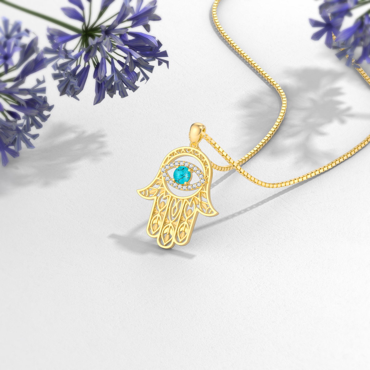 Sterling Silver with Yellow Gold Plated Turquoise Evil Eye & Hamsa Hand Pendant Necklace-3