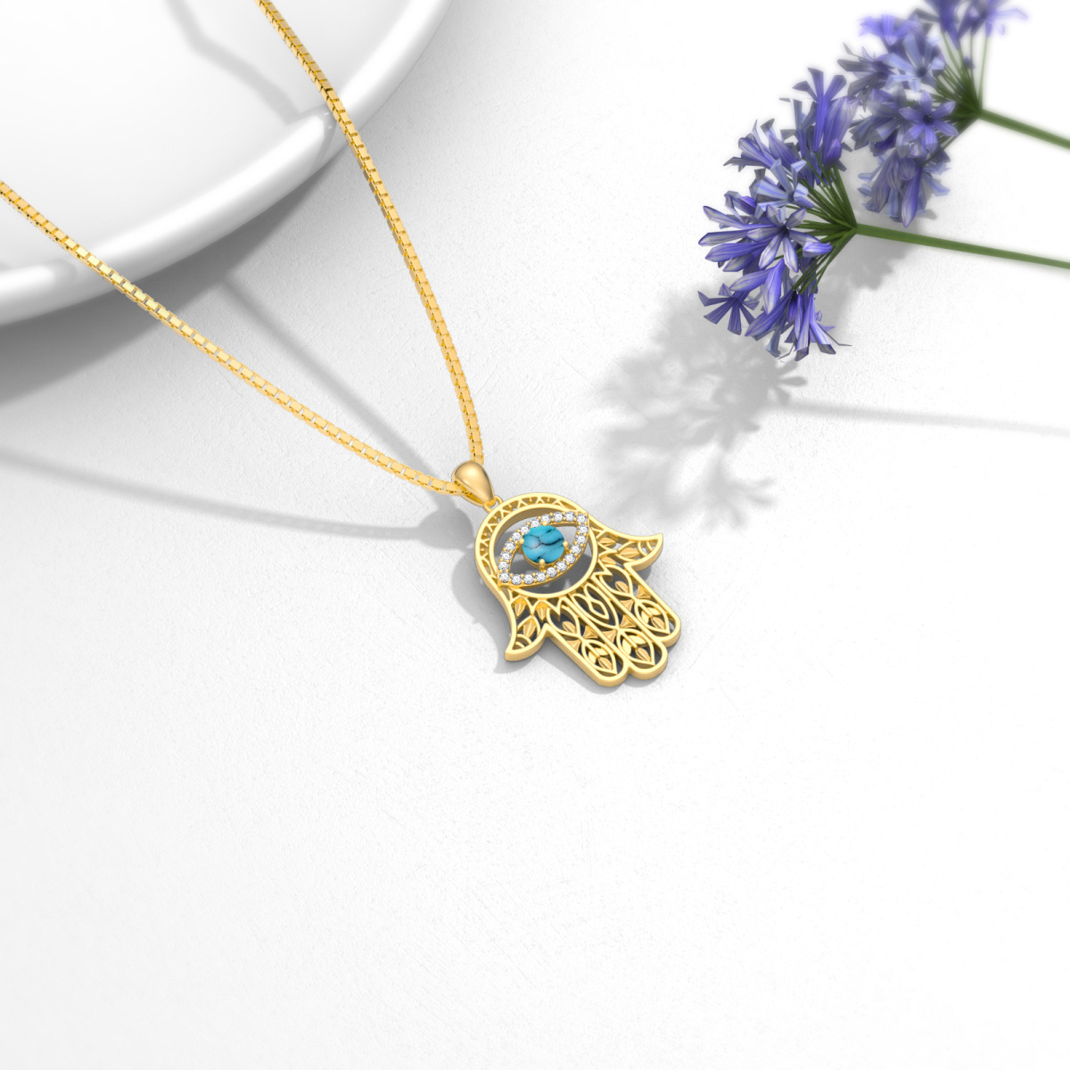 Sterling Silver with Yellow Gold Plated Turquoise Evil Eye & Hamsa Hand Pendant Necklace-4