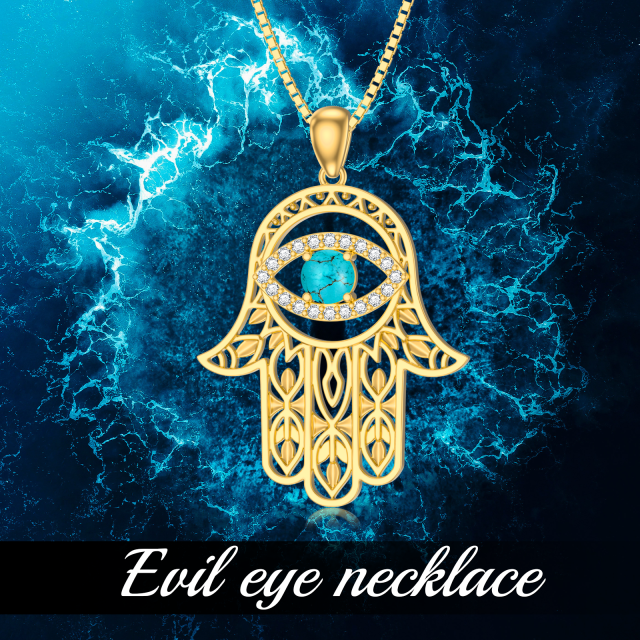 Sterling Silver with Yellow Gold Plated Turquoise Evil Eye & Hamsa Hand Pendant Necklace-6