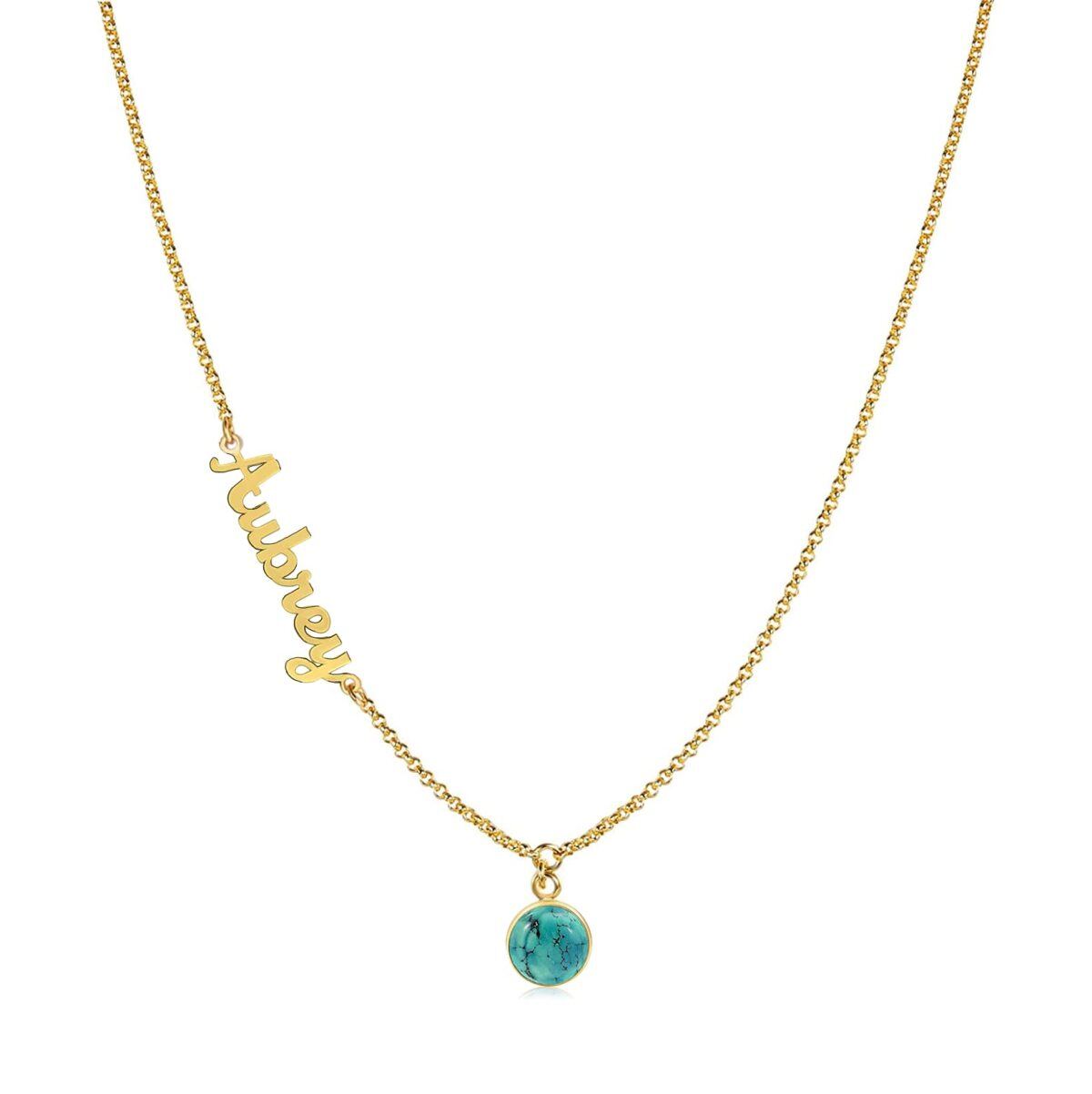 Sterling Silver with Yellow Gold Plated Turquoise Personalized Name Pendant Necklace-1