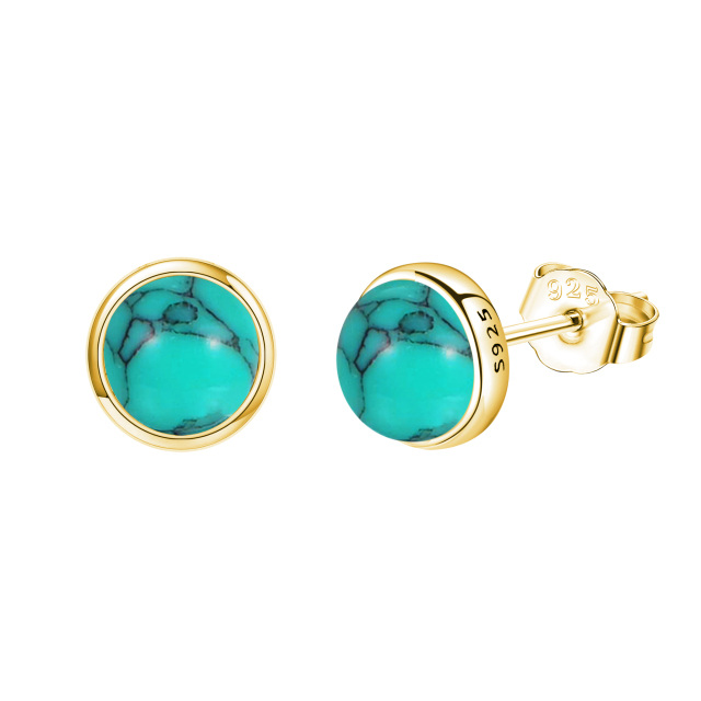 Boucles d'oreilles en argent sterling avec turquoise ronde plaquée or jaune-1