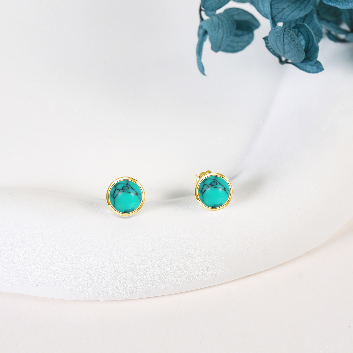 Sterling Silver with Yellow Gold Plated Turquoise Round Stud Earrings-3