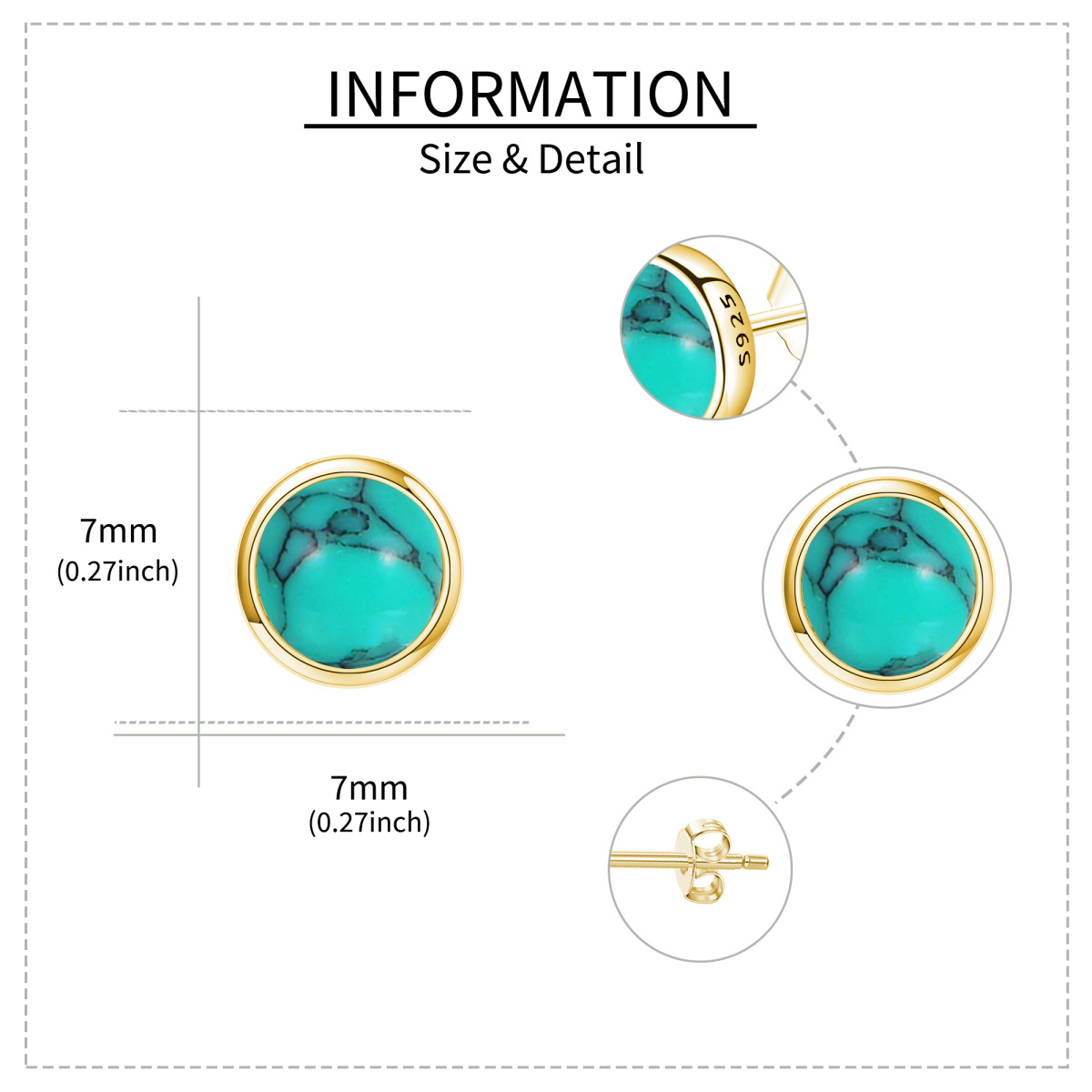 Boucles d'oreilles en argent sterling avec turquoise ronde plaquée or jaune-5