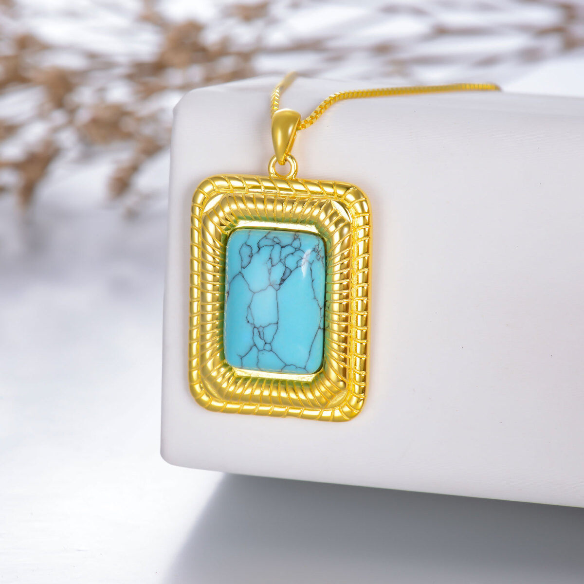 Sterling Silver with Yellow Gold Plated Turquoise Square Pendant Necklace-3