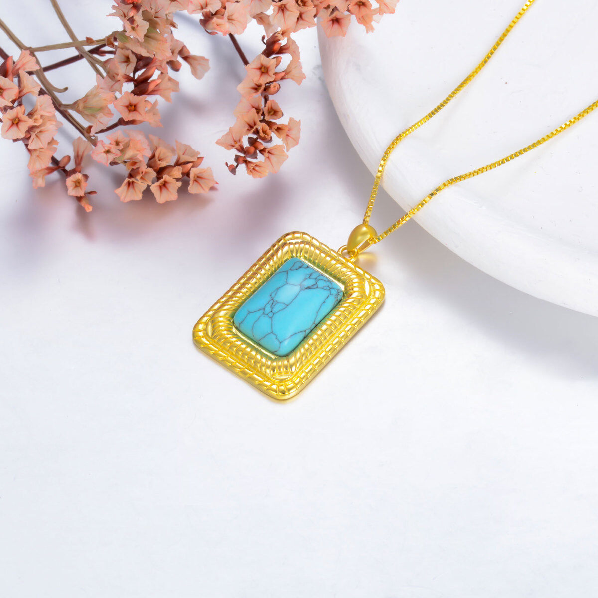 Collier pendentif carré turquoise en argent sterling avec plaqué or jaune-4