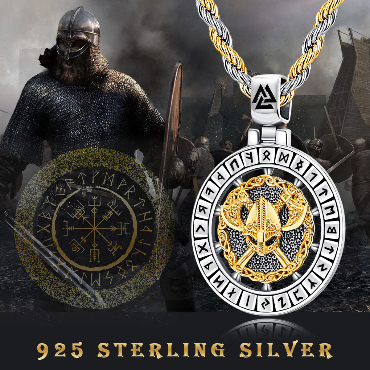 Sterling Silver with Yellow Gold Plated Viking Rune Pendant Necklace for Men-5