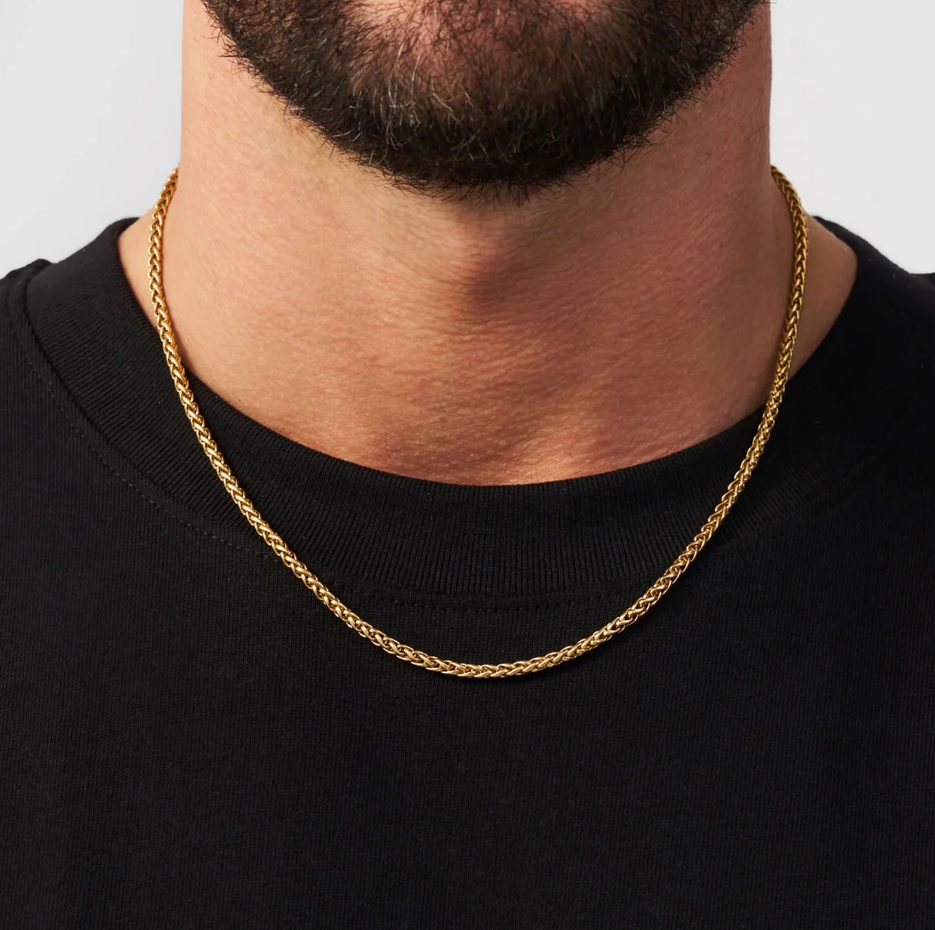 Collar de cadena de espigas de trigo de 3 mm para hombre en plata de ley con baño de oro amarillo.-2