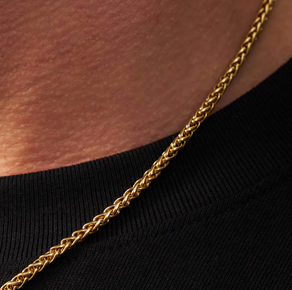 Collar de cadena de espigas de trigo de 3 mm para hombre en plata de ley con baño de oro amarillo.-3