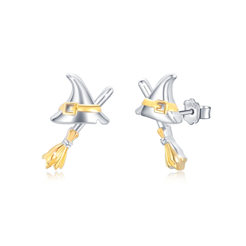 Sterling Silver with Yellow Gold Plated Witch Stud Earrings-3