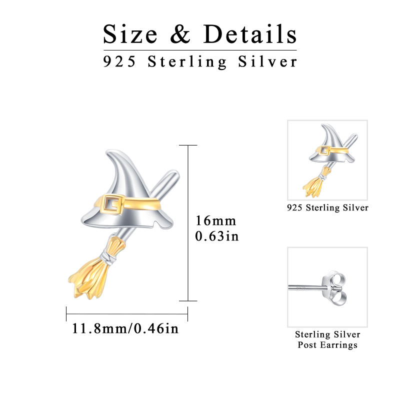 Sterling Silver with Yellow Gold Plated Witch Stud Earrings-3