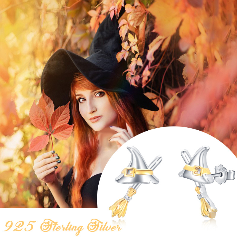 Sterling Silver with Yellow Gold Plated Witch Stud Earrings-6