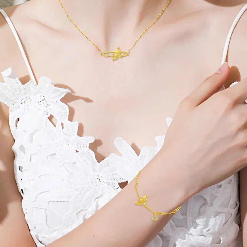 Sterling Silver with Yellow Gold Plated Zircon Bees Charm Bracelet-2